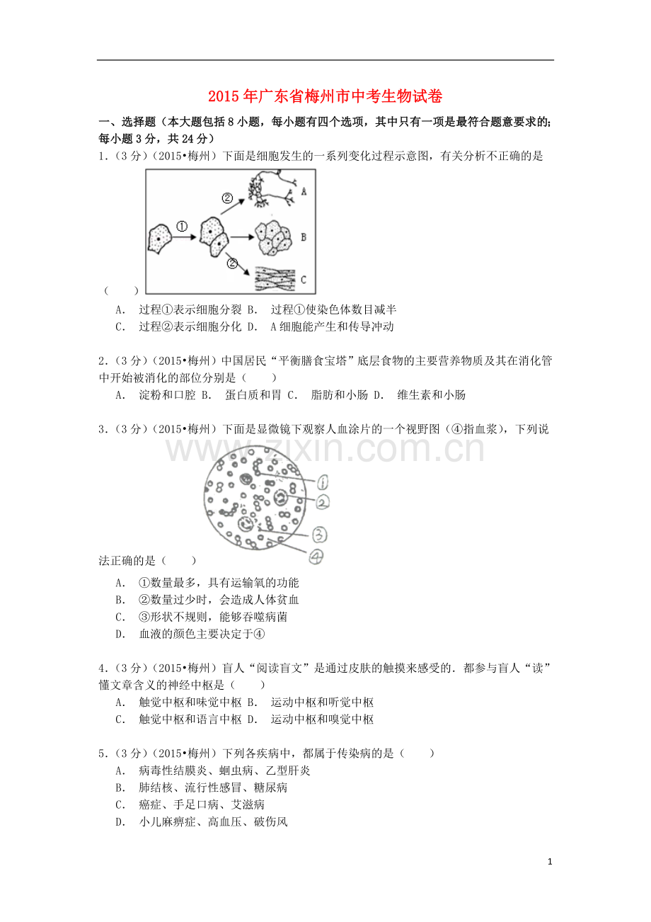 广东省梅州市2015年中考生物真题试题（含解析）.doc_第1页