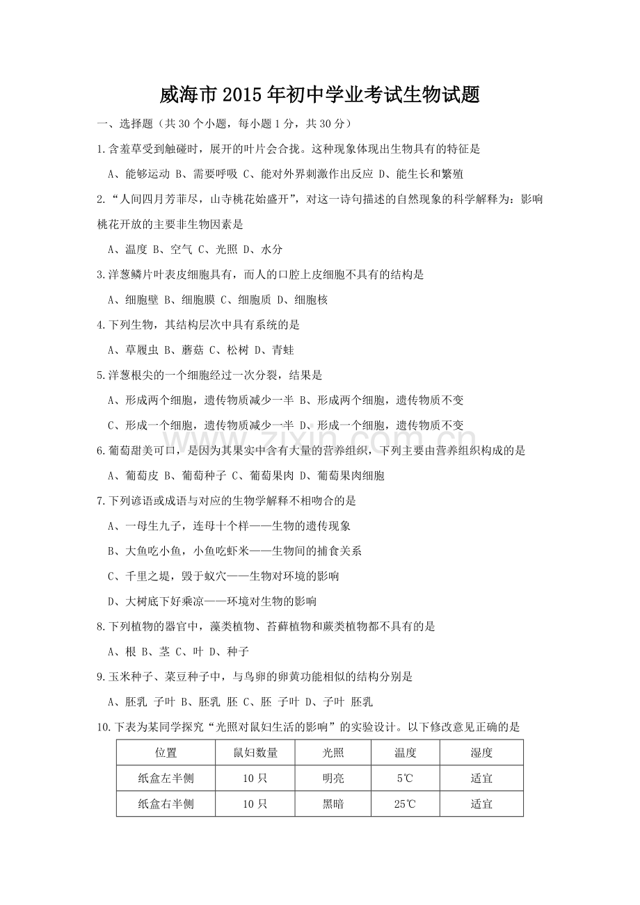 2015年威海市中考生物试题及答案.doc_第1页