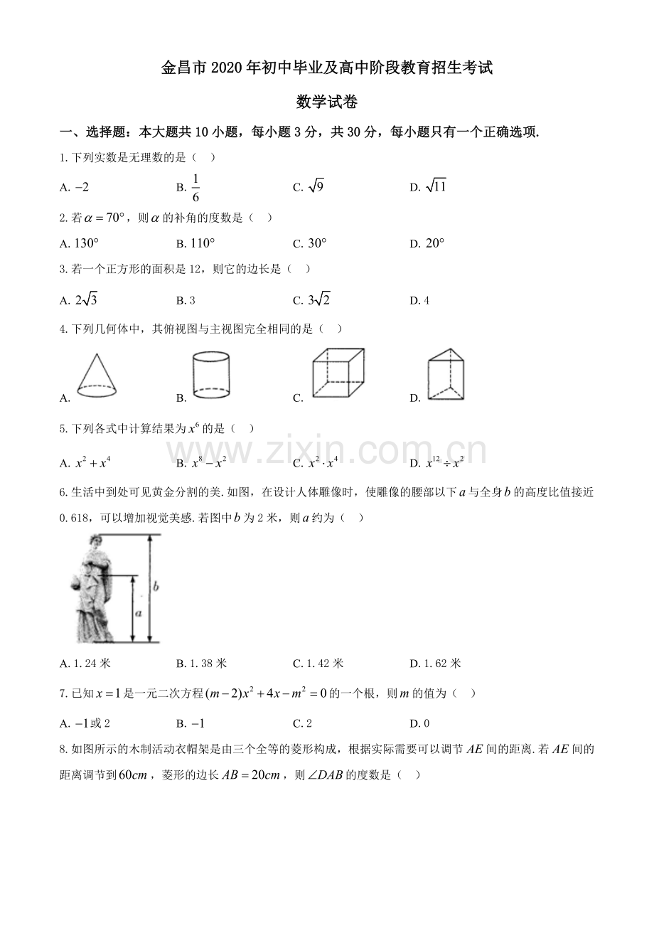 甘肃省金昌市2020年中考数学试题.docx_第1页