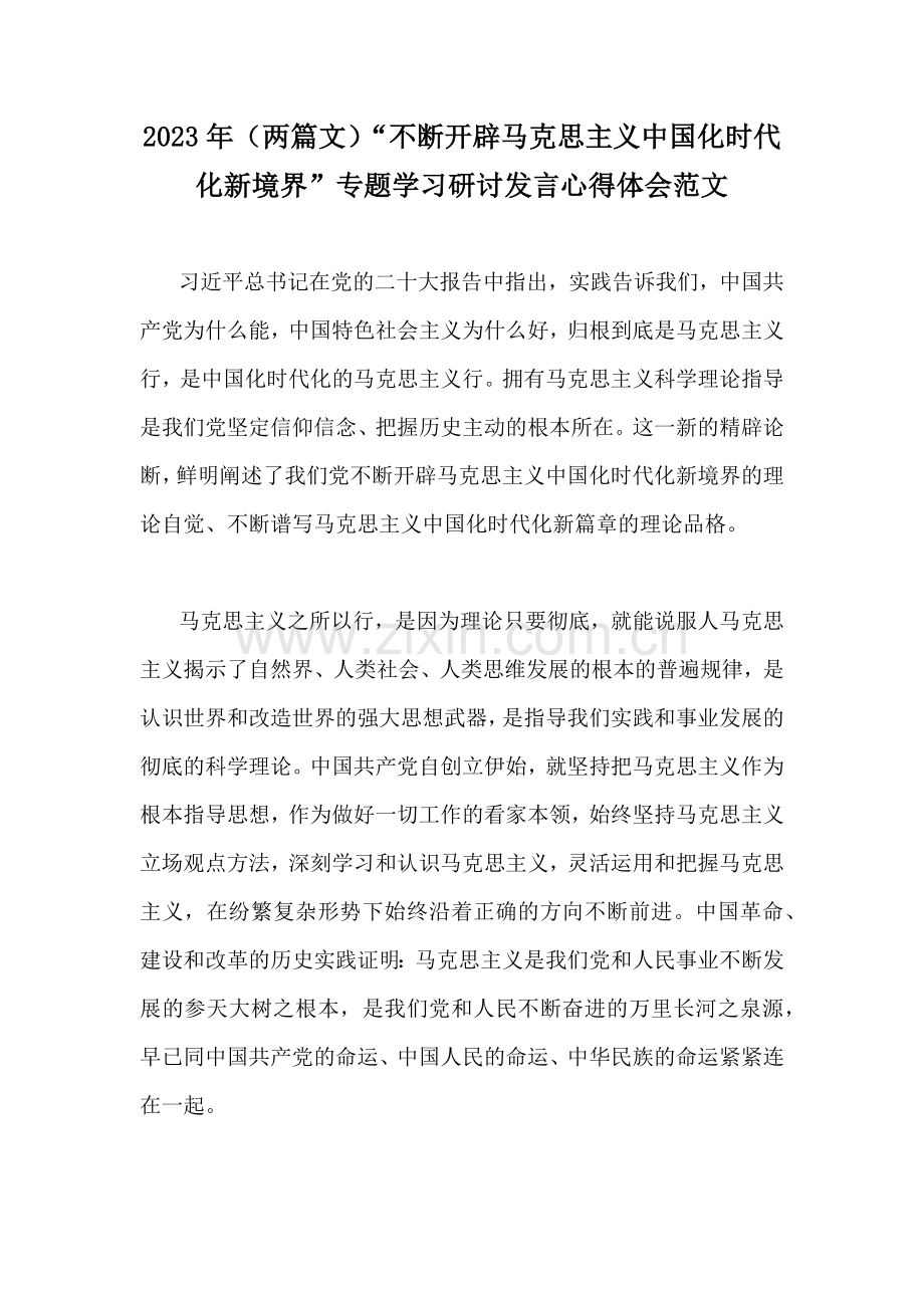 2023年（两篇文）“不断开辟马克思主义中国化时代化新境界”专题学习研讨发言心得体会范文.docx_第1页