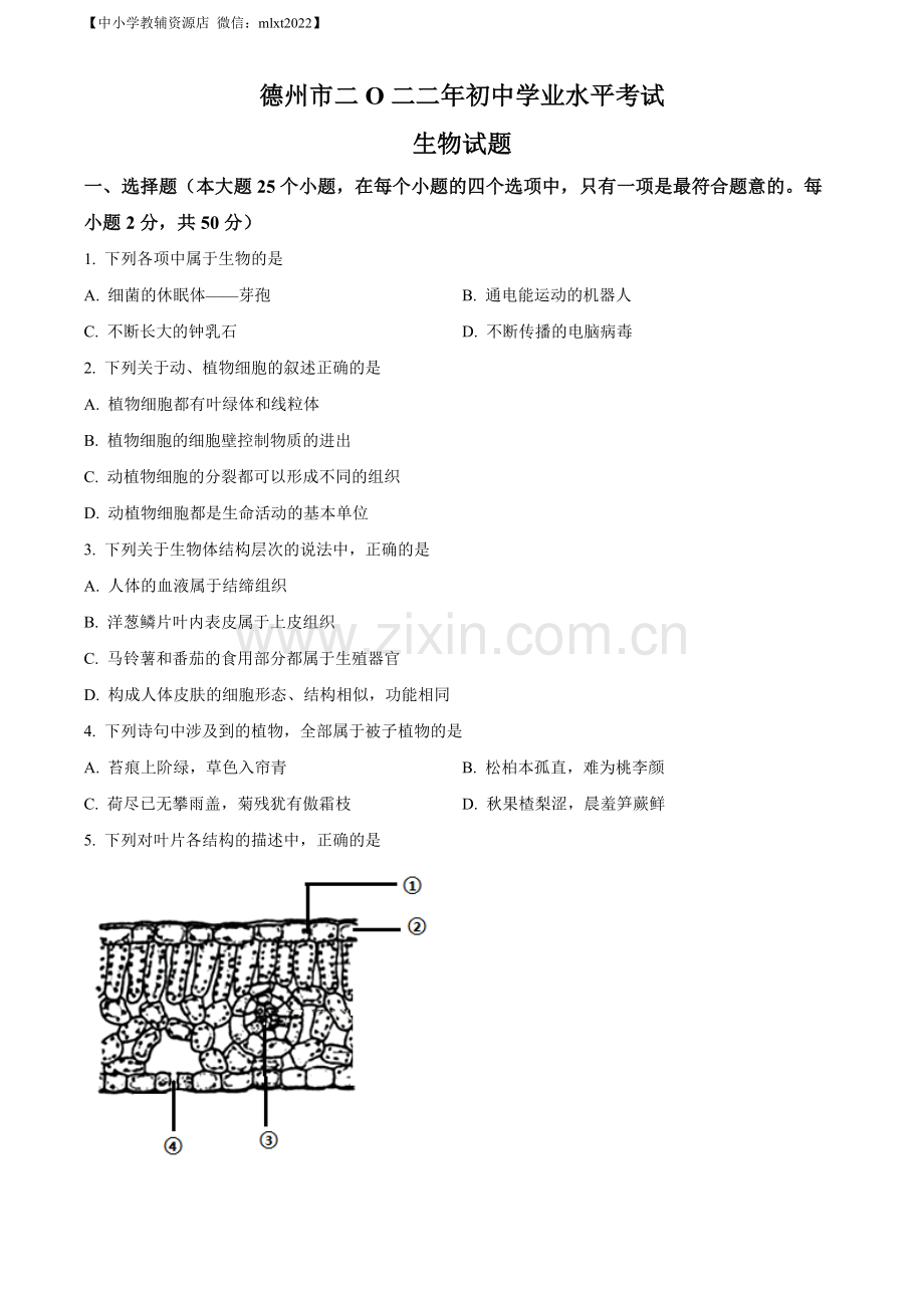 2022年山东省德州市中考生物真题（原卷版）.docx_第1页