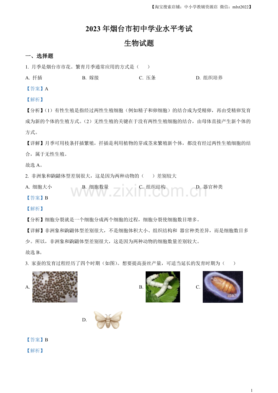 2023年山东省烟台市中考生物真题（解析版）.docx_第1页