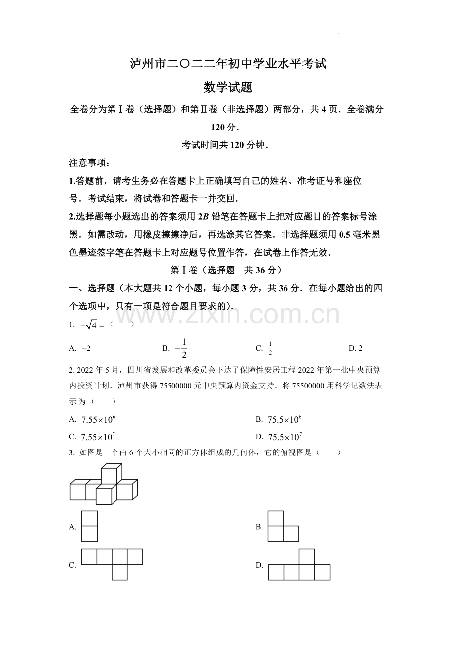 2022年四川省泸州市中考数学真题（原卷版）.docx_第1页
