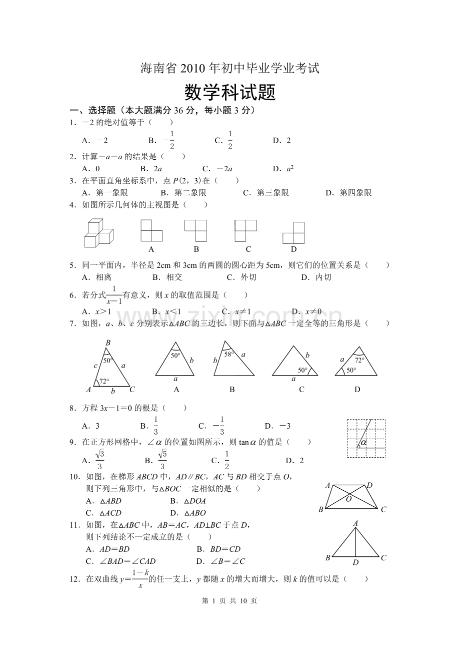 2010年海南中考数学试题及答案.doc_第1页