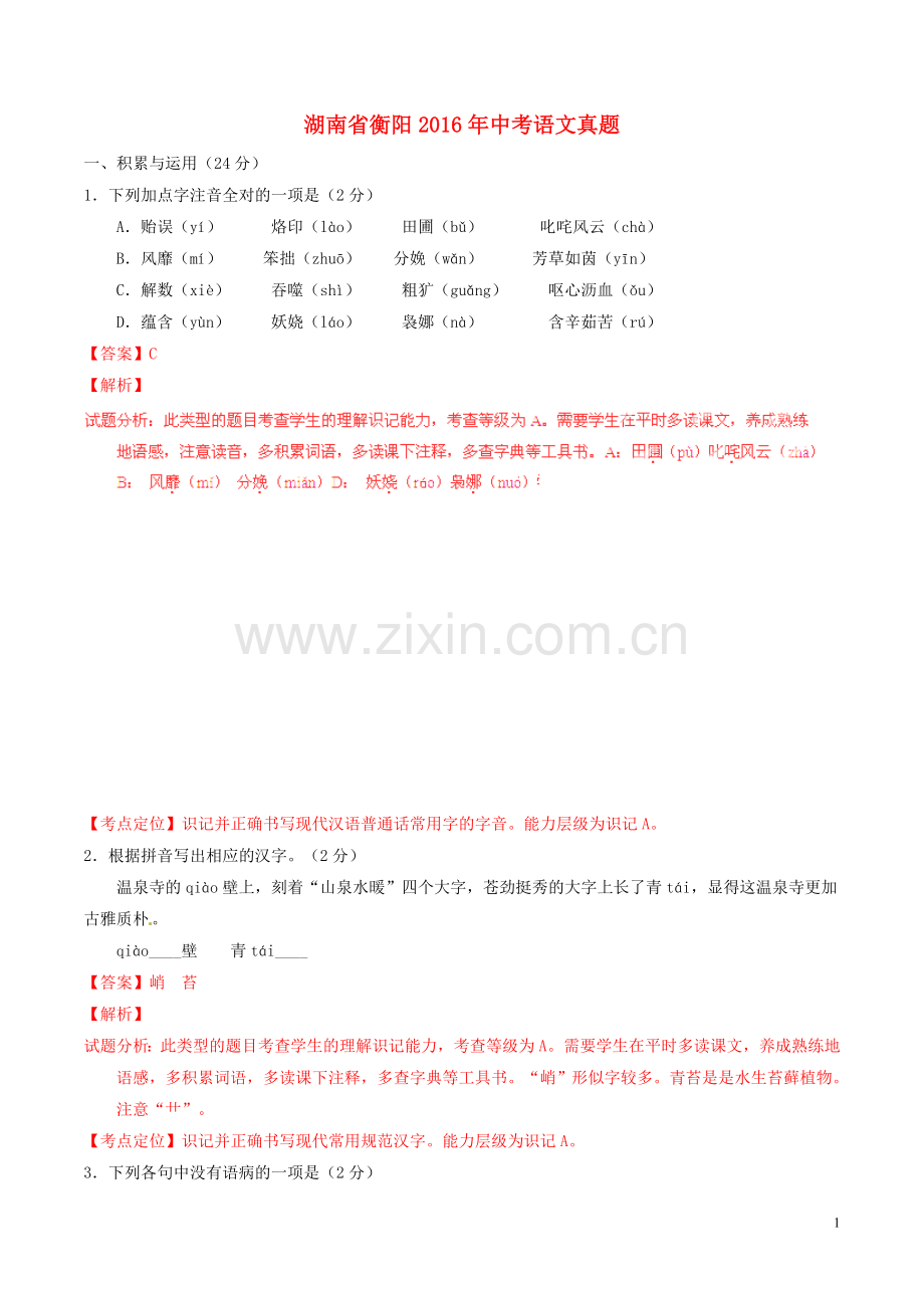 湖南省衡阳2016年中考语文真题（含解析）.doc_第1页