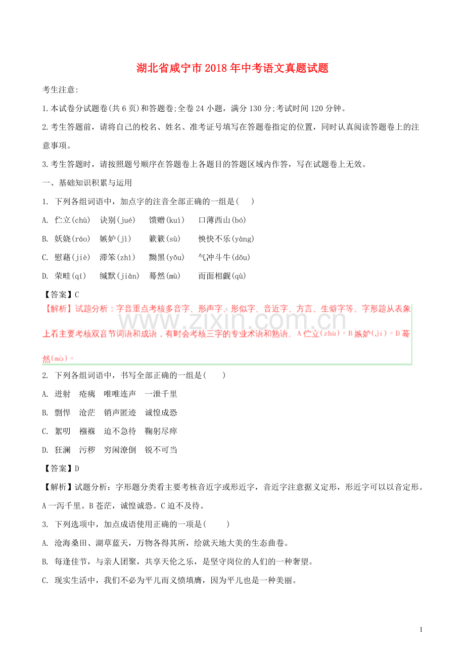 湖北省咸宁市2018年中考语文真题试题（含解析）.doc_第1页