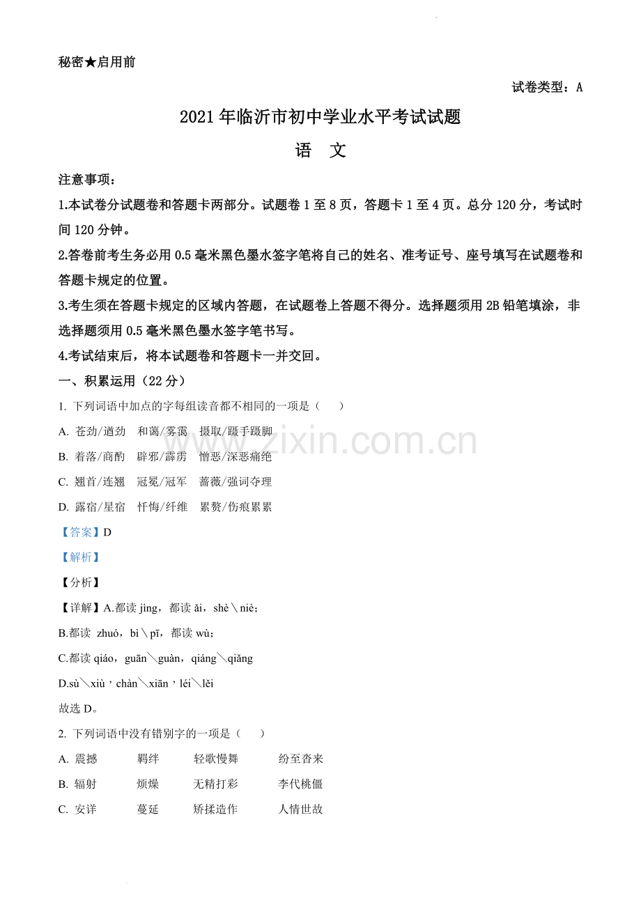 山东省临沂市2021年中考语文试题（解析版）.docx_第1页