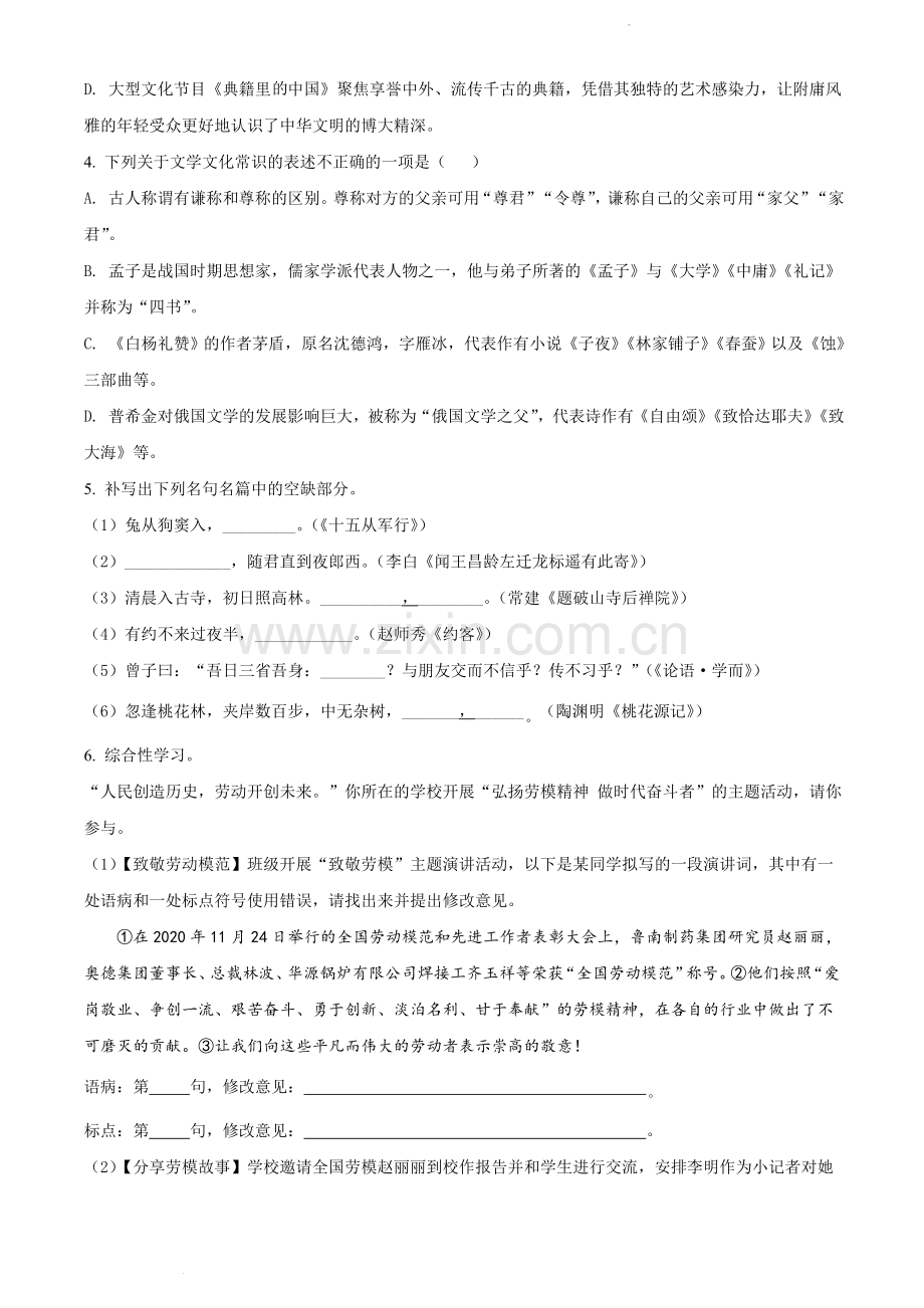 山东省临沂市2021年中考语文试题（原卷版）.docx_第2页