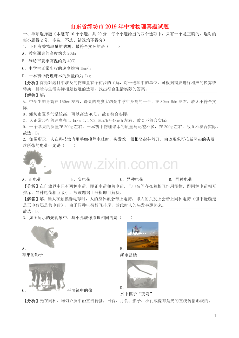 山东省潍坊市2019年中考物理真题试题（含解析）.docx_第1页