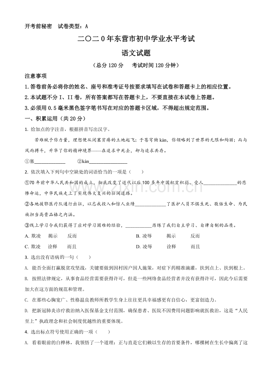 山东省东营市2020年中考语文试题（原卷版）.doc_第1页