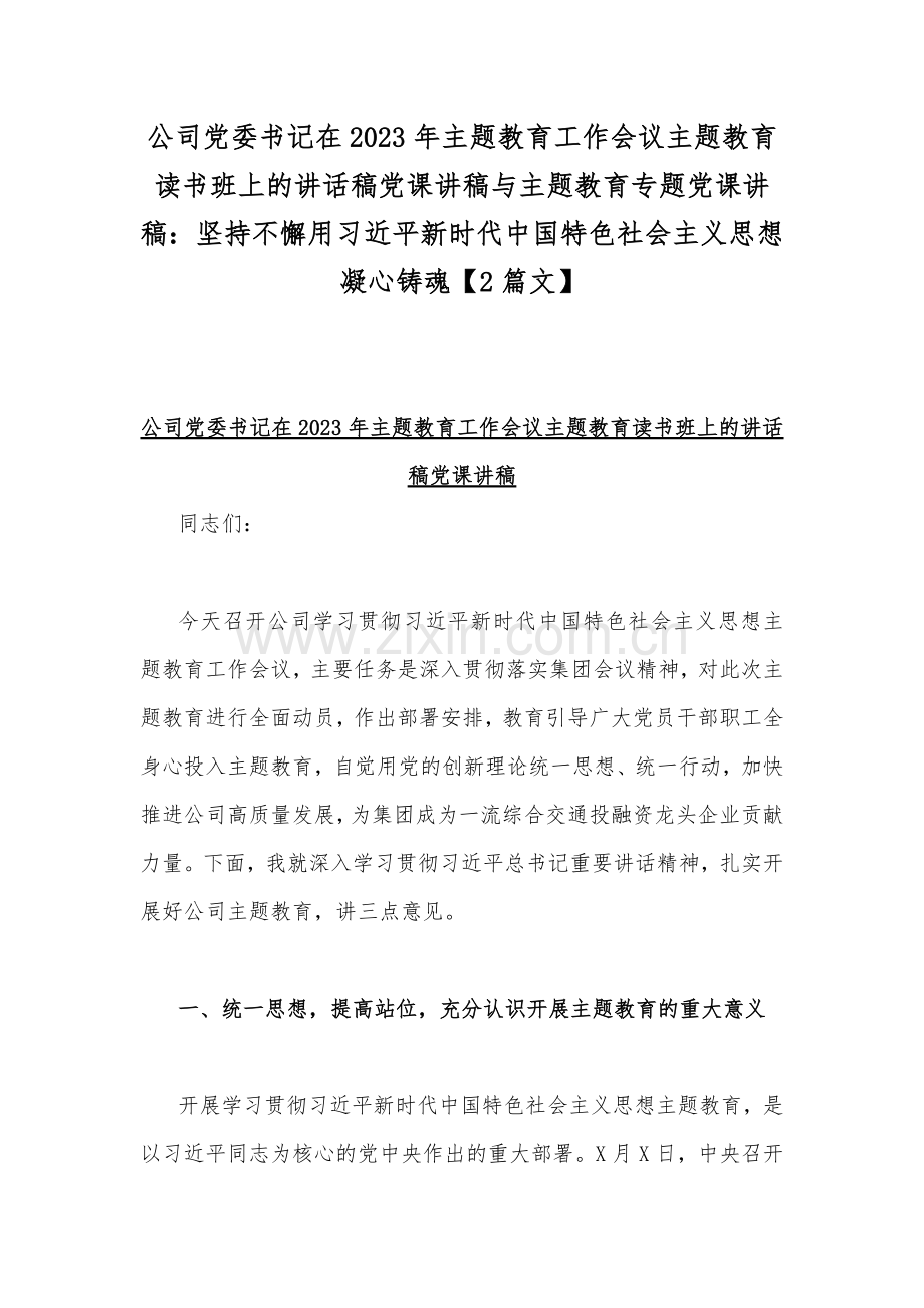 公司党委书记在2023年主题教育工作会议主题教育读书班上的讲话稿党课讲稿与主题教育专题党课讲稿：坚持不懈用习近平新时代中国特色社会主义思想凝心铸魂【2篇文】.docx_第1页