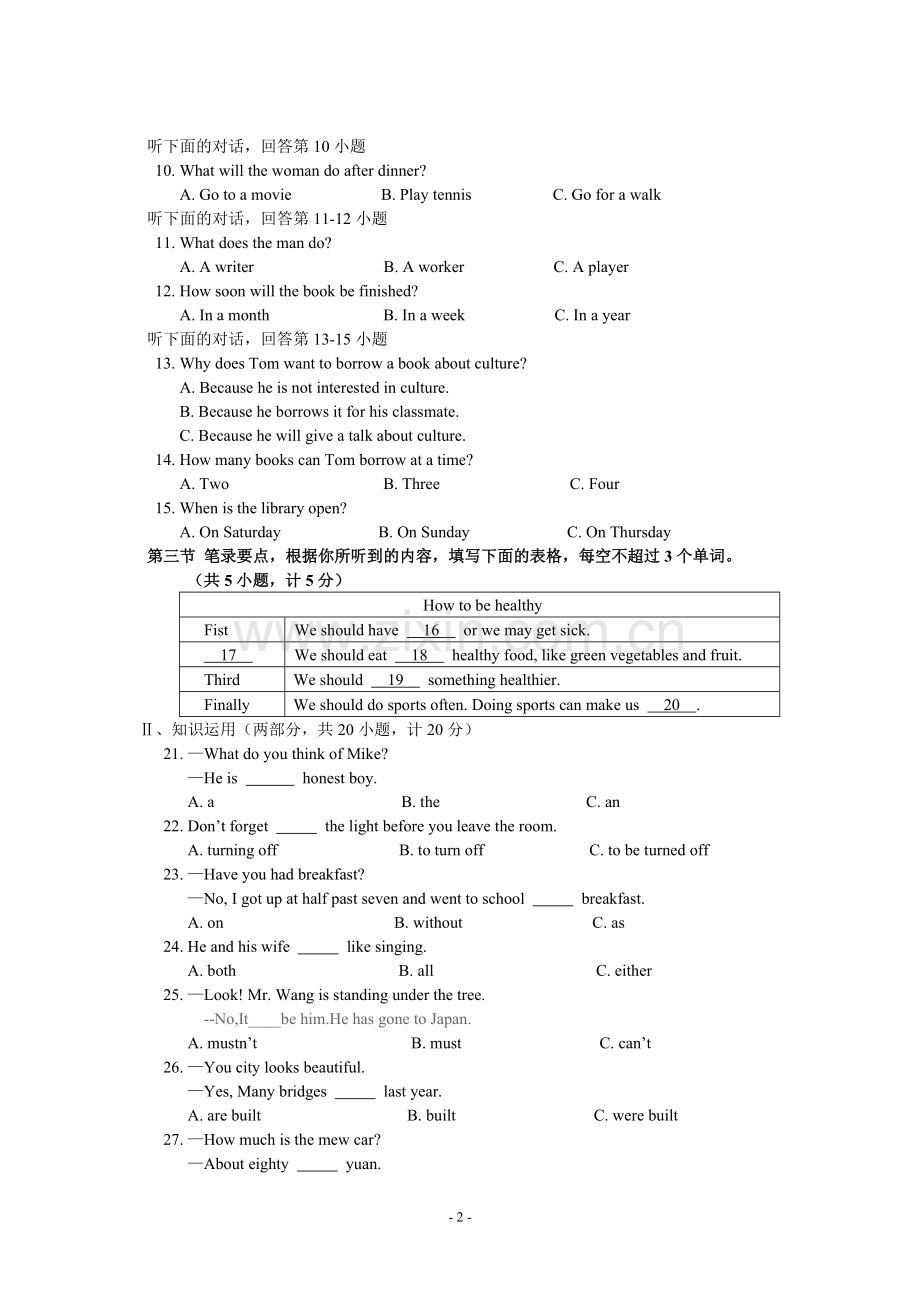 2012长沙市中考英语试题及答案.doc_第2页