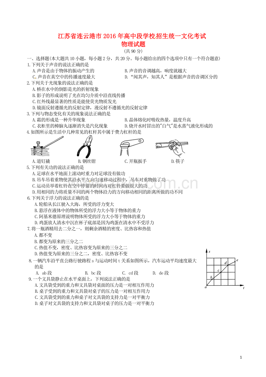 江苏省连云港市2016年中考物理真题试题（含答案）.DOC_第1页