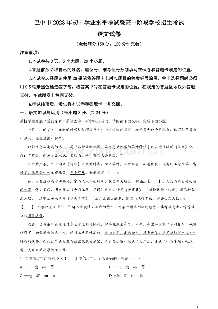 2023年四川省巴中市中考语文真题（解析版）.docx_第1页