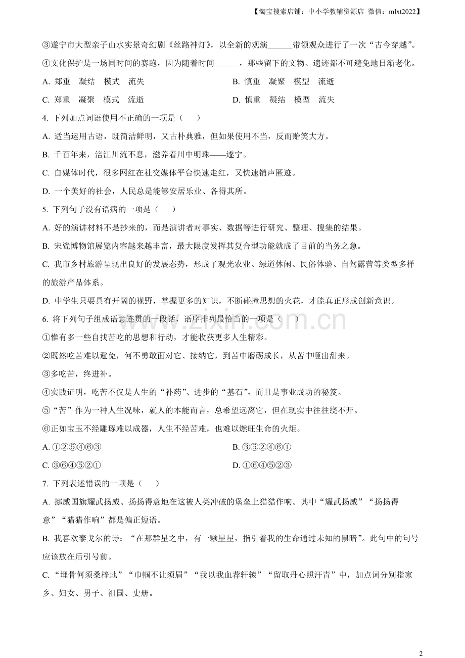 2023年四川省遂宁市中考语文真题（原卷版）.docx_第2页