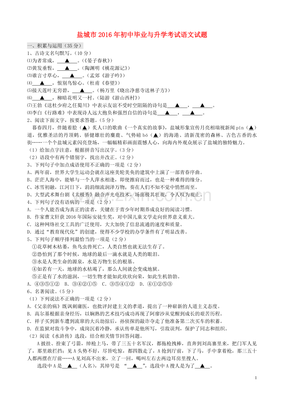 江苏省盐城市2016年中考语文真题试题（含答案）.doc_第1页