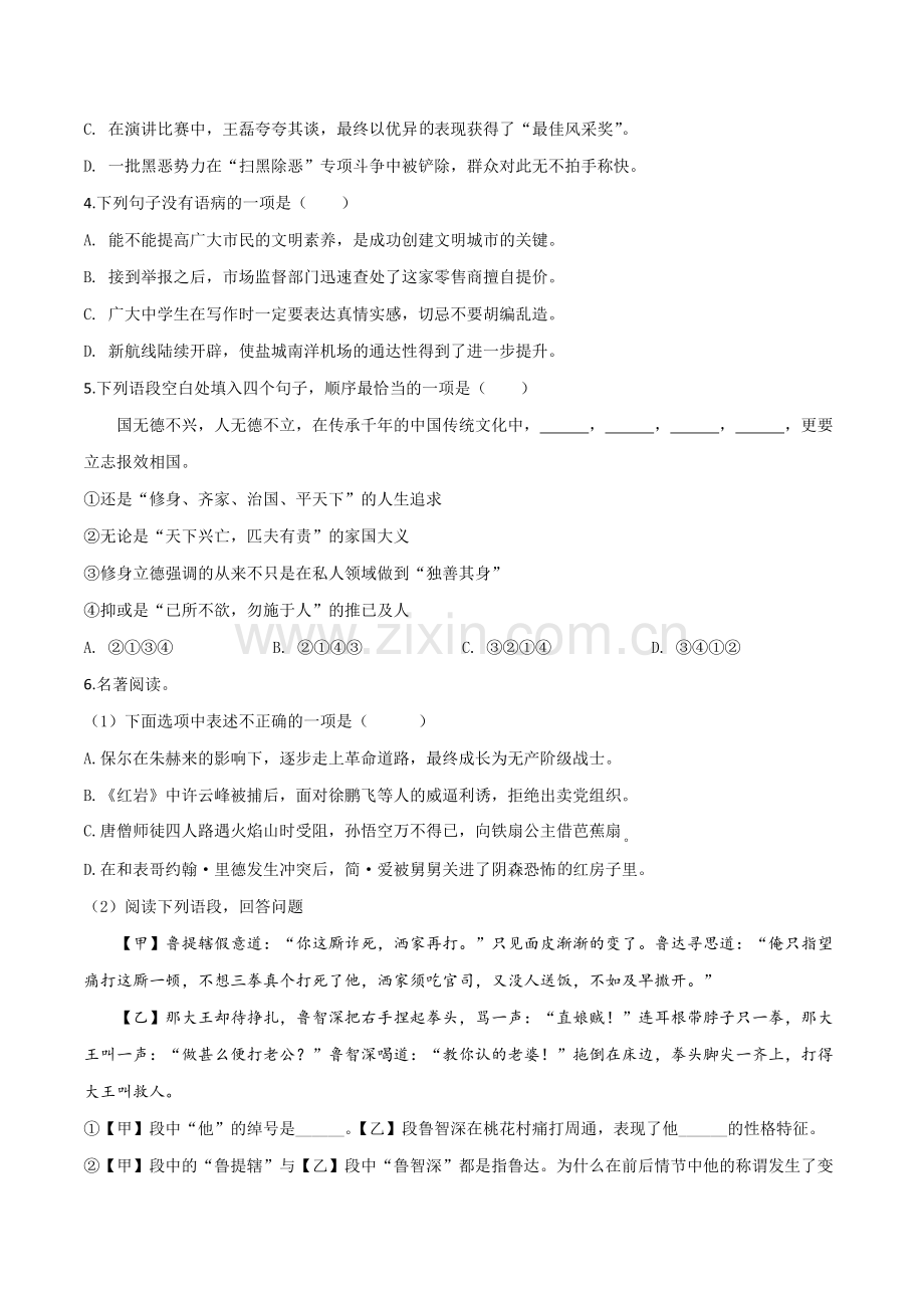 江苏省盐城市2019年中考语文试题（原卷版）.doc_第2页