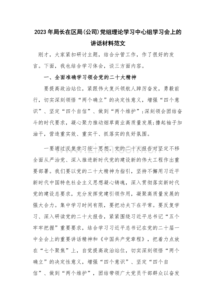2023年局长在区局(公司)党组理论学习中心组学习会上的讲话材料范文.docx_第1页