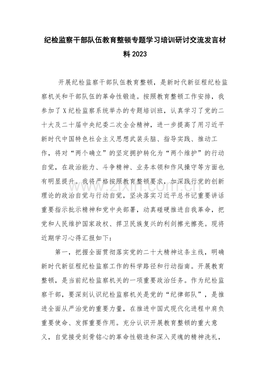 纪检监察干部队伍教育整顿专题学习培训研讨交流发言材料2023.docx_第1页