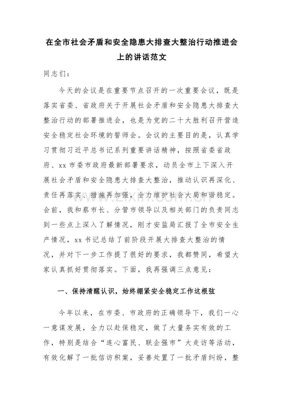 在全市社会矛盾和安全隐患大排查大整治行动推进会上的讲话范文.docx_第1页