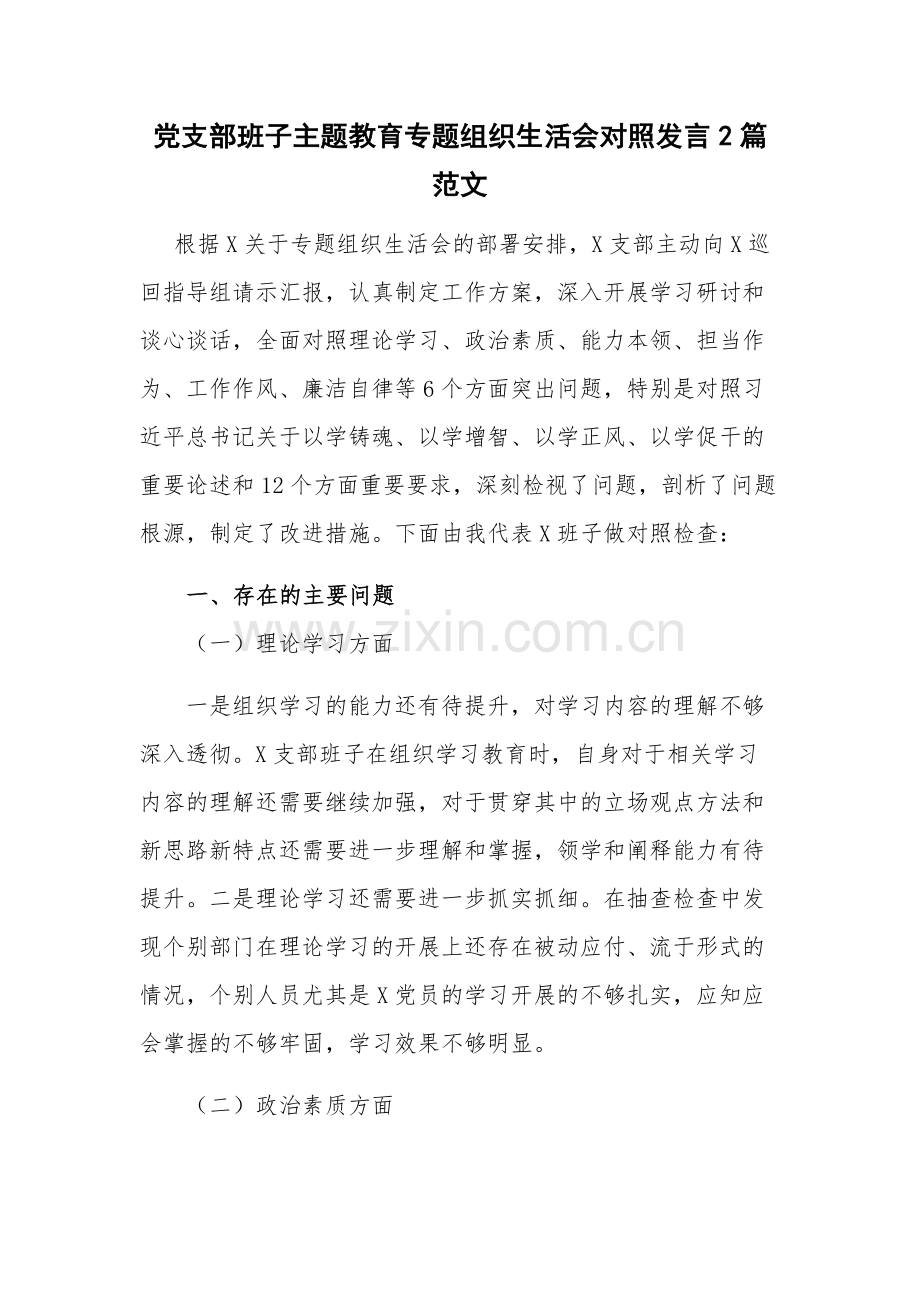 党支部班子主题教育专题组织生活会对照发言2篇范文.docx_第1页