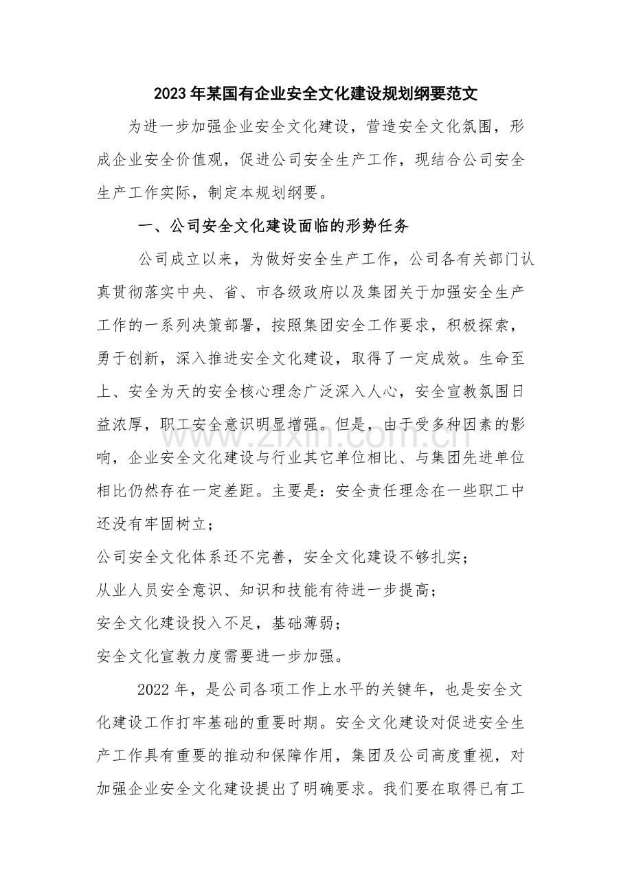 2023年某国有企业安全文化建设规划纲要范文.docx_第1页
