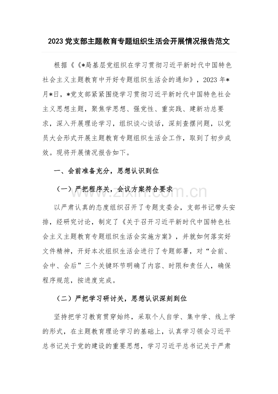 2023党支部主题教育专题组织生活会开展情况报告范文.docx_第1页