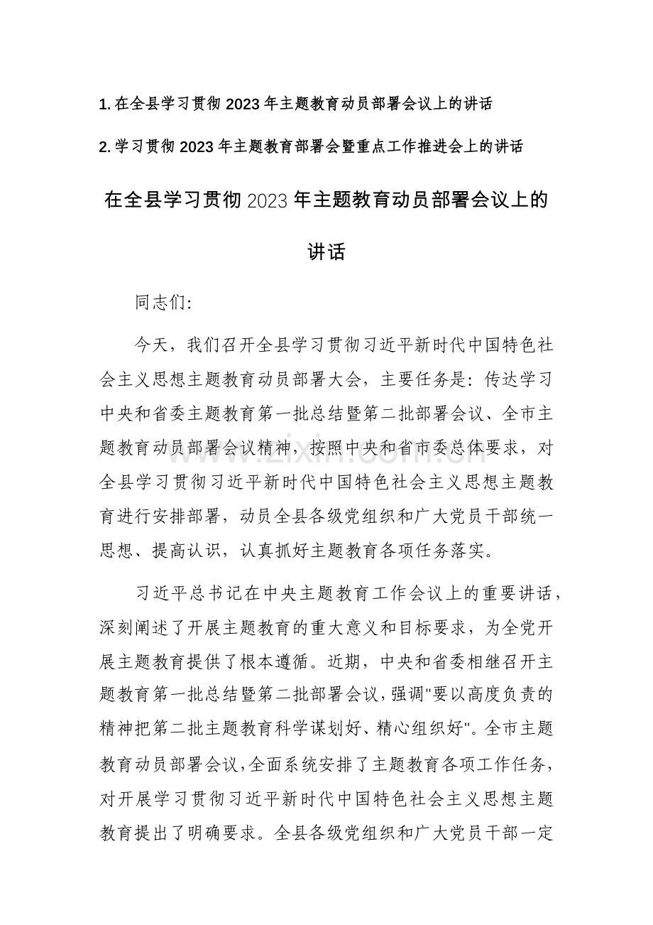 学习贯彻2023年主题教育部署会暨重点工作推进会上的讲话范文2篇.docx_第1页