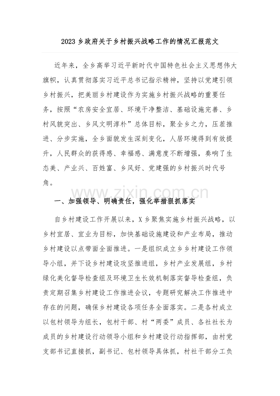 2023乡政府关于乡村振兴战略工作的情况汇报范文.docx_第1页