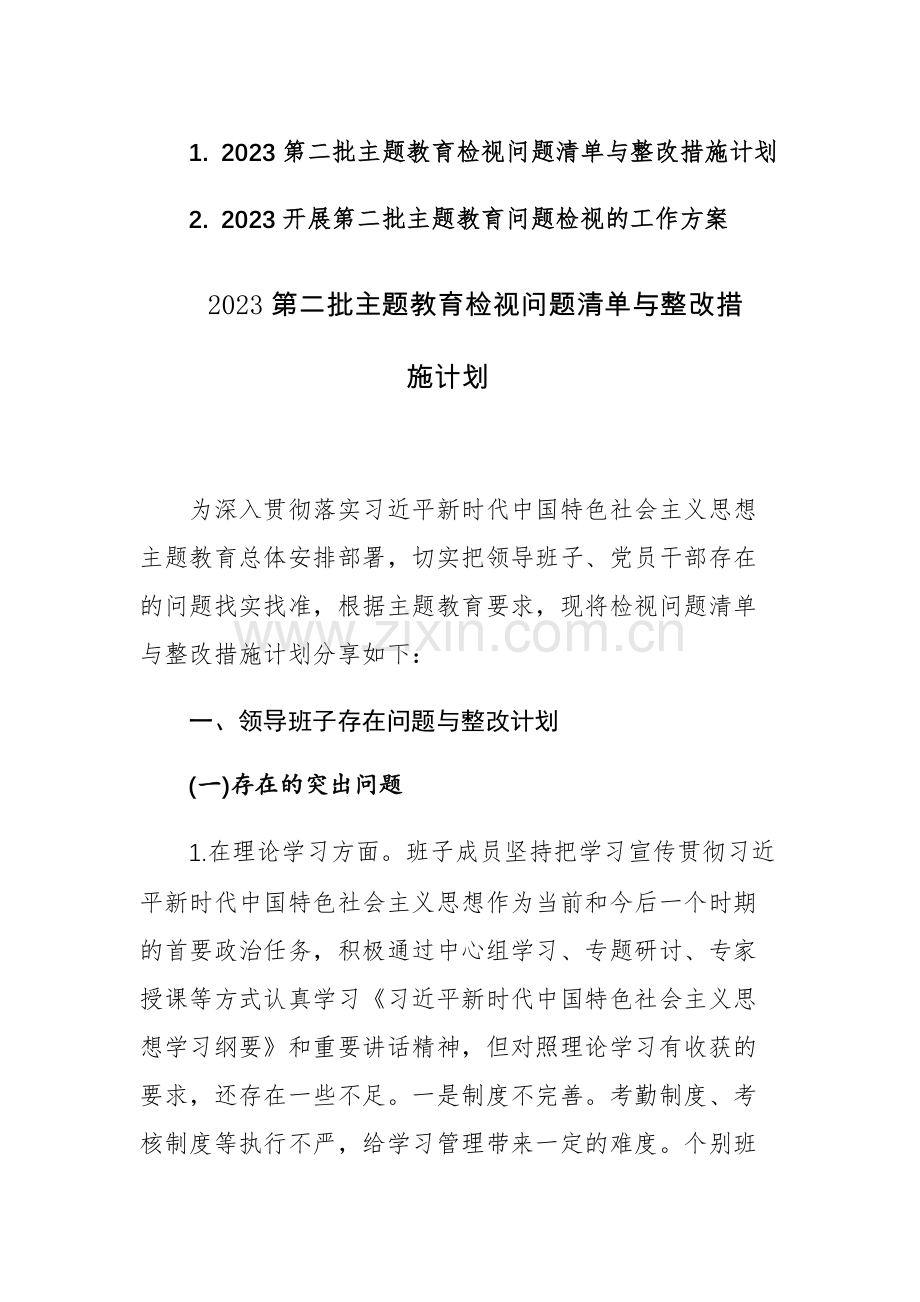 两篇：2023第二批主题教育检视问题清单与整改措施计划及方案范文.docx_第1页