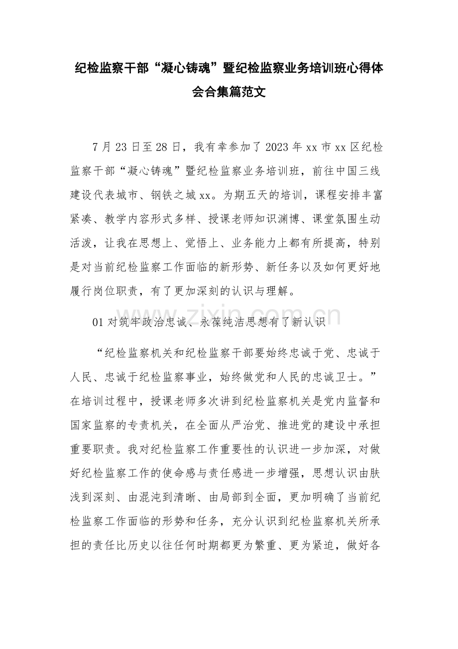 纪检监察干部“凝心铸魂”暨纪检监察业务培训班心得体会合集篇范文.docx_第1页