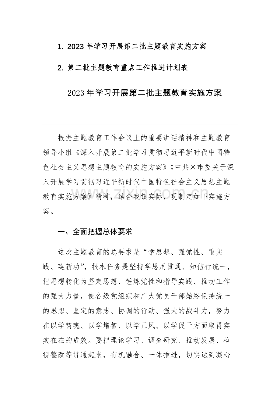 2023年学习开展第二批主题教育实施方案和重点工作推进计划表范文2篇汇编.docx_第1页