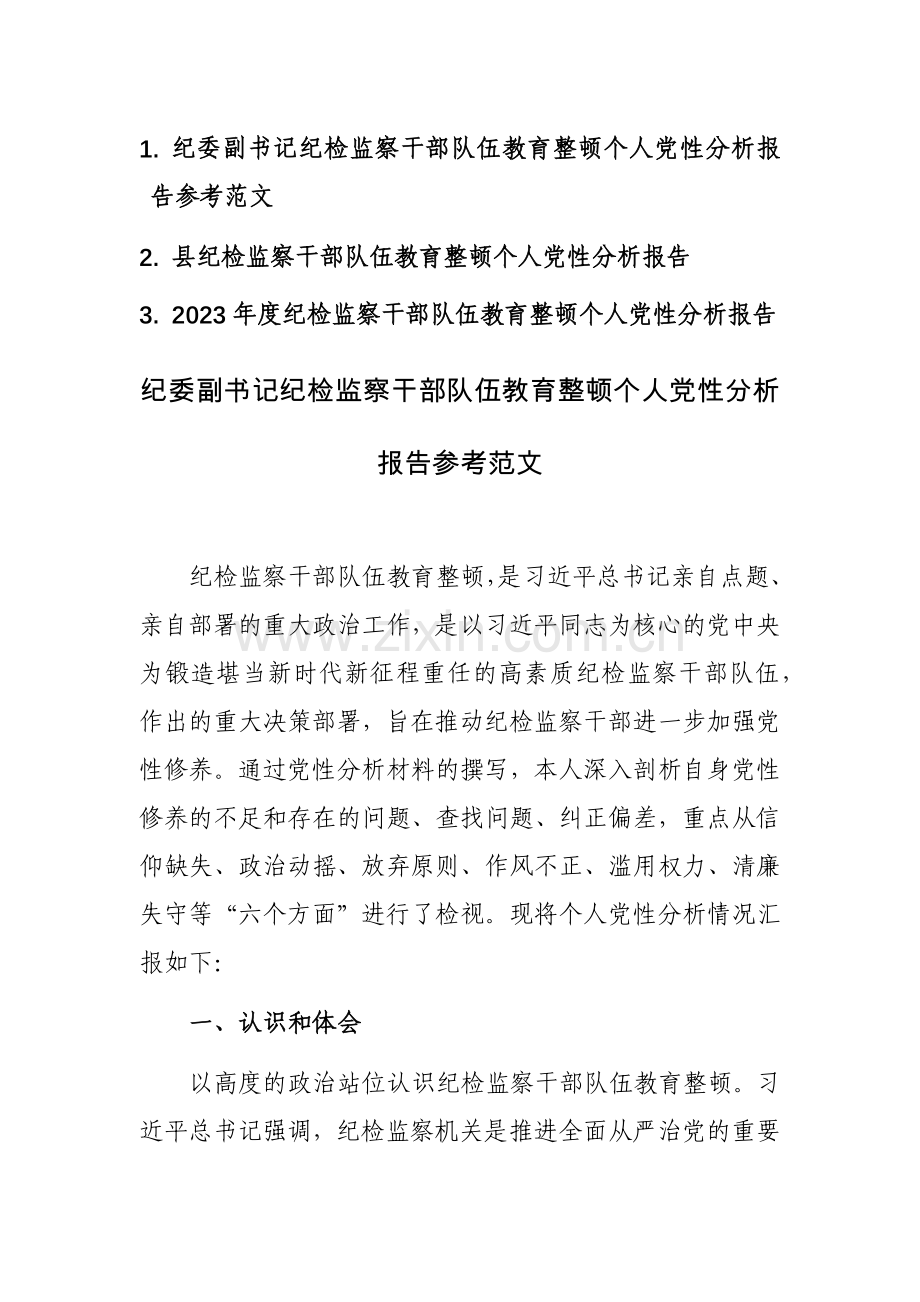 纪检监察干部教育整顿个人党性分析报告参考范文3篇.docx_第1页