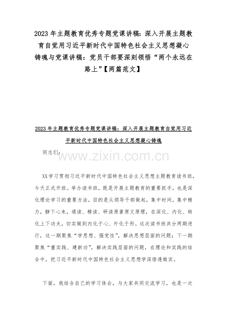 2023年主题教育优秀专题党课讲稿：深入开展主题教育自觉用习近平新时代中国特色社会主义思想凝心铸魂与党课讲稿：党员干部要深刻领悟“两个永远在路上”【两篇范文】.docx_第1页