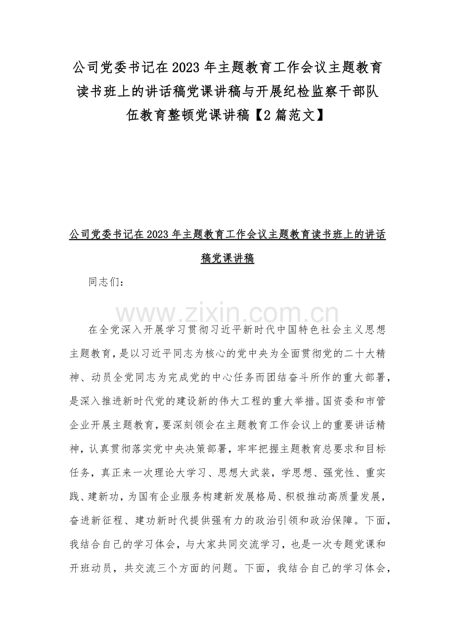 公司党委书记在2023年主题教育工作会议主题教育读书班上的讲话稿党课讲稿与开展纪检监察干部队伍教育整顿党课讲稿【2篇范文】.docx_第1页