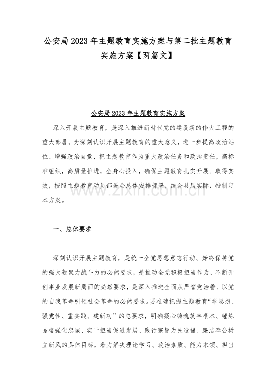 公安局2023年主题教育实施方案与第二批主题教育实施方案【两篇文】.docx_第1页
