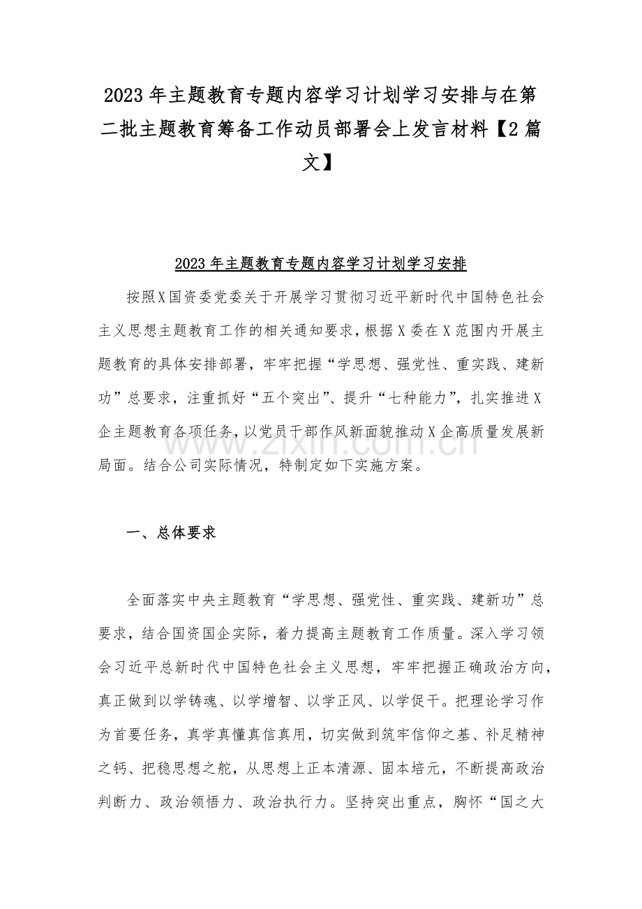 2023年主题教育专题内容学习计划学习安排与在第二批主题教育筹备工作动员部署会上发言材料【2篇文】.docx_第1页