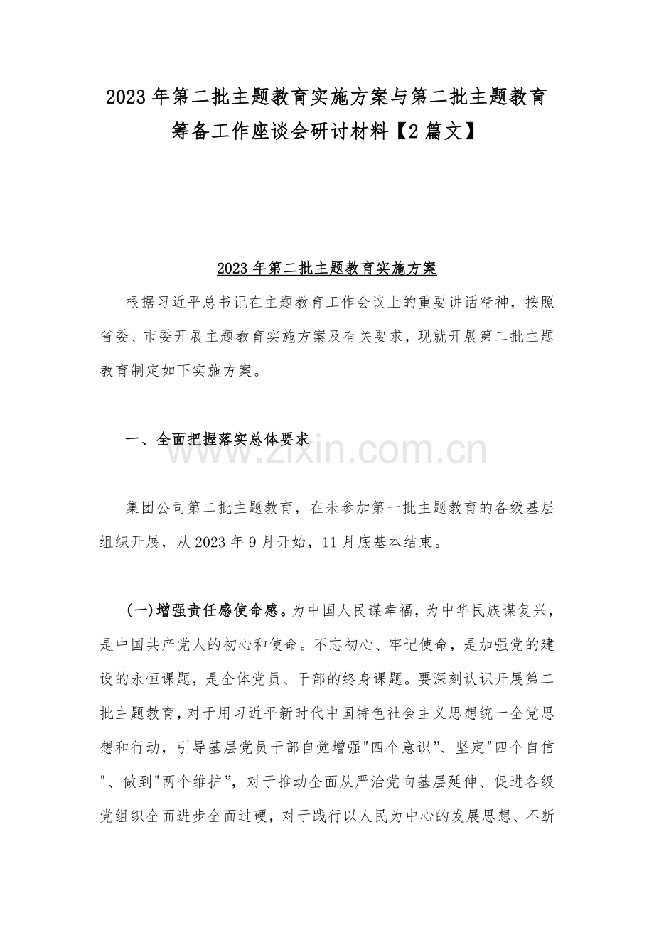 2023年第二批主题教育实施方案与第二批主题教育筹备工作座谈会研讨材料【2篇文】.docx_第1页