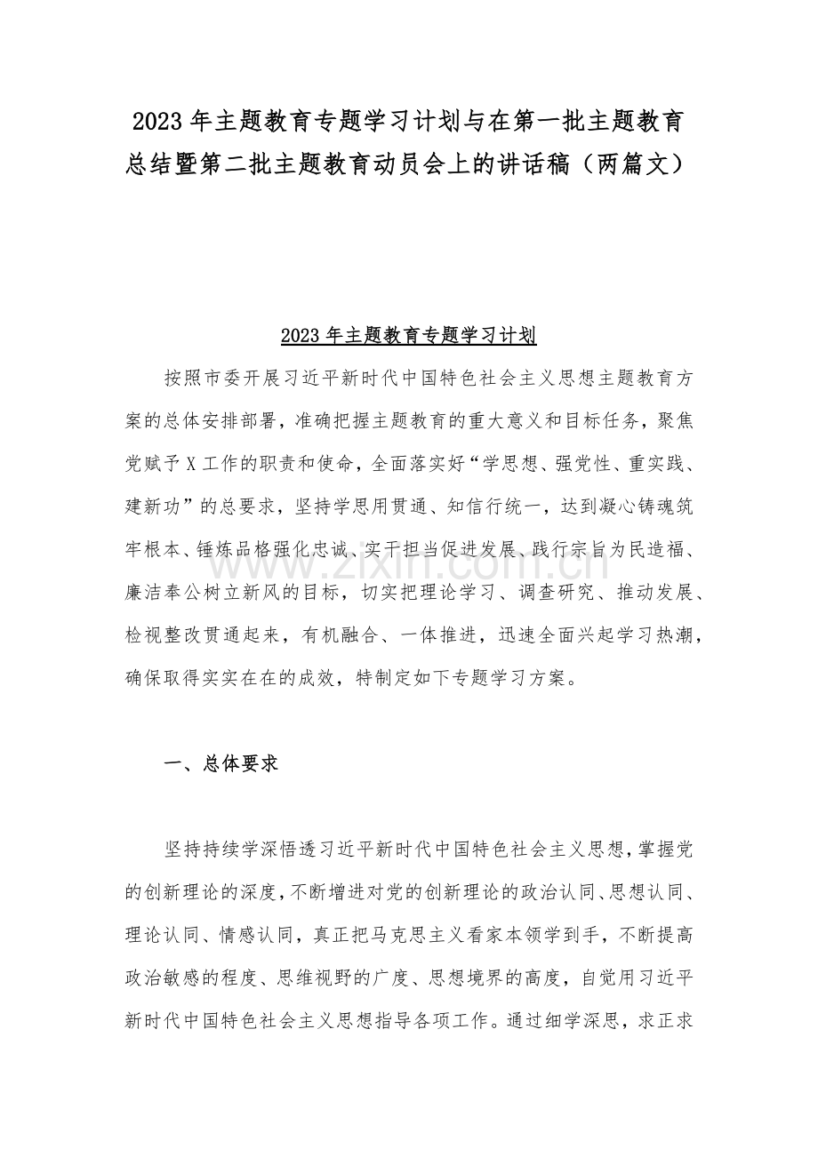 2023年主题教育专题学习计划与在第一批主题教育总结暨第二批主题教育动员会上的讲话稿（两篇文）.docx_第1页