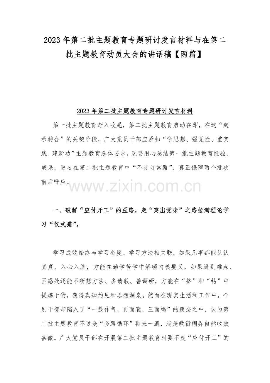 2023年第二批主题教育专题研讨发言材料与在第二批主题教育动员大会的讲话稿【两篇】.docx_第1页