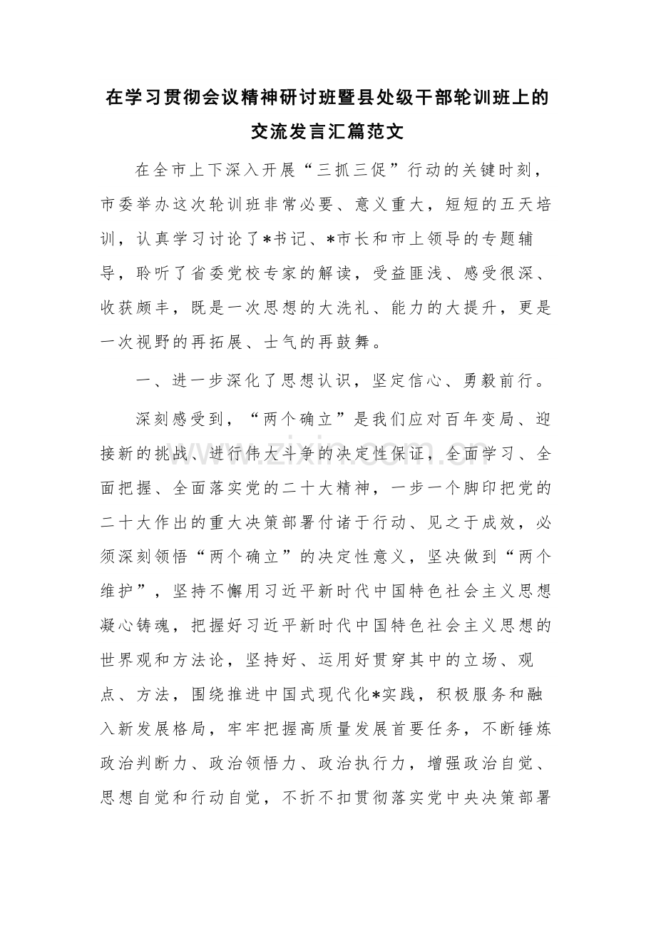 在学习贯彻会议精神研讨班暨县处级干部轮训班上的交流发言汇篇范文.docx_第1页