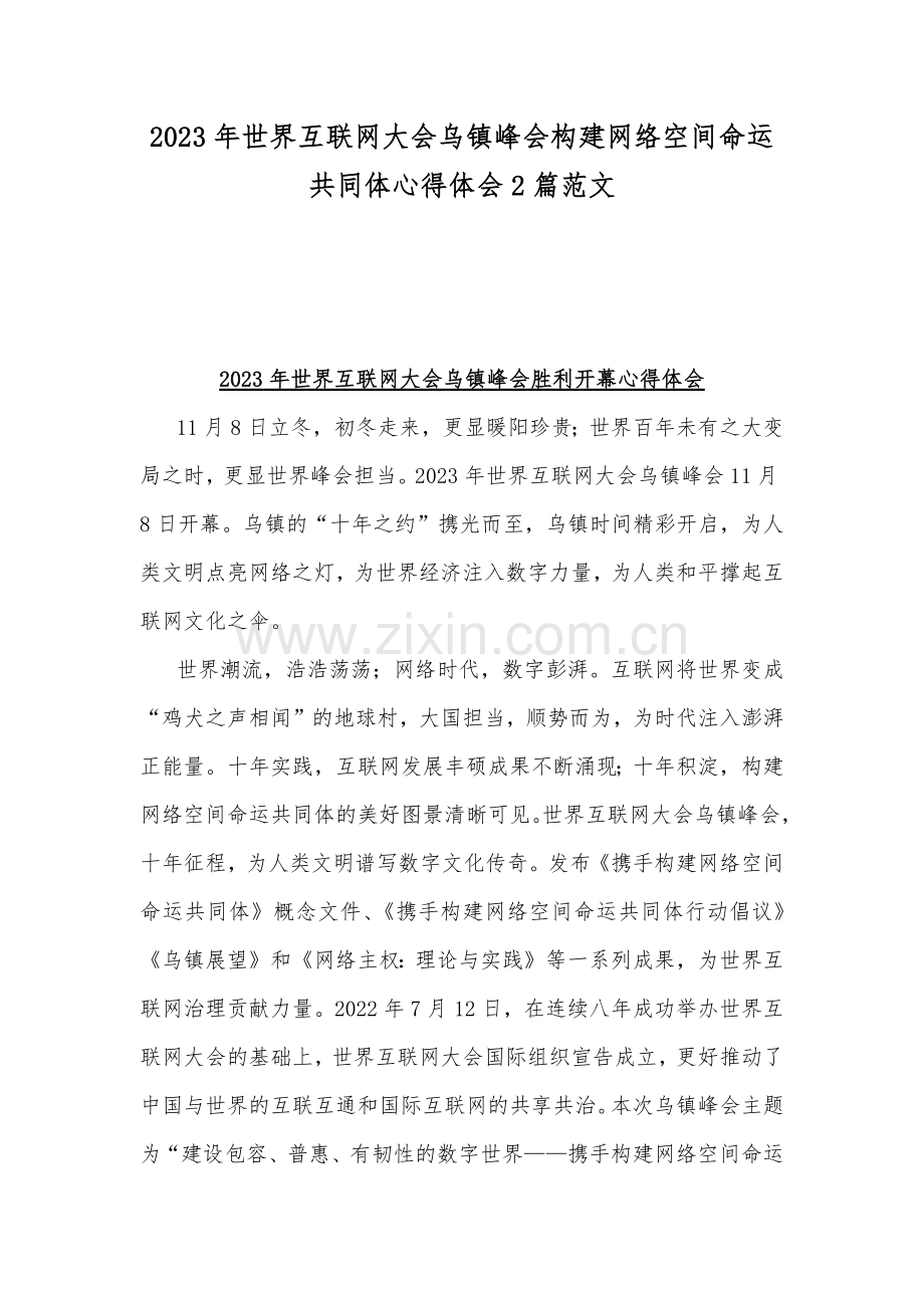 2023年世界互联网大会乌镇峰会构建网络空间命运共同体心得体会2篇范文.docx_第1页