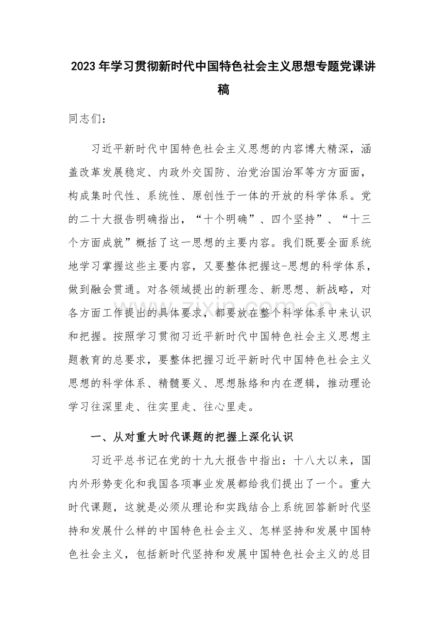 2023年学习贯彻新时代中国特色社会主义思想专题党课讲稿.docx_第1页