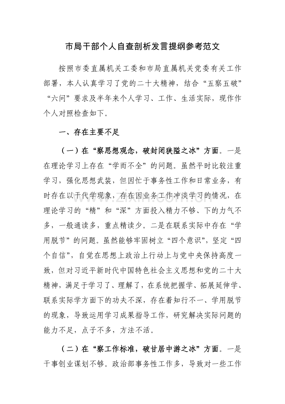 市局干部个人自查剖析发言提纲参考范文.docx_第1页
