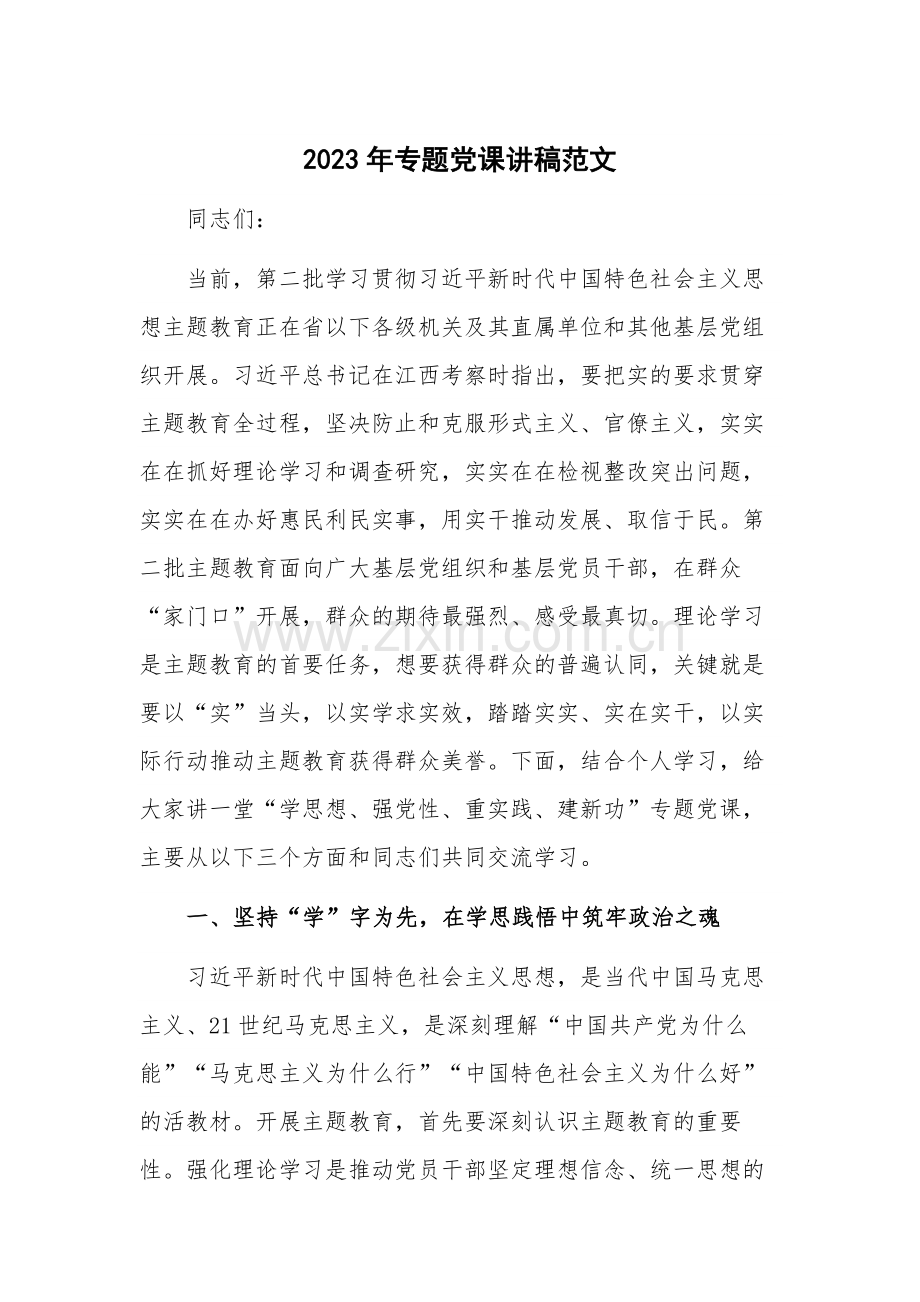 2023年专题党课讲稿范文.docx_第1页