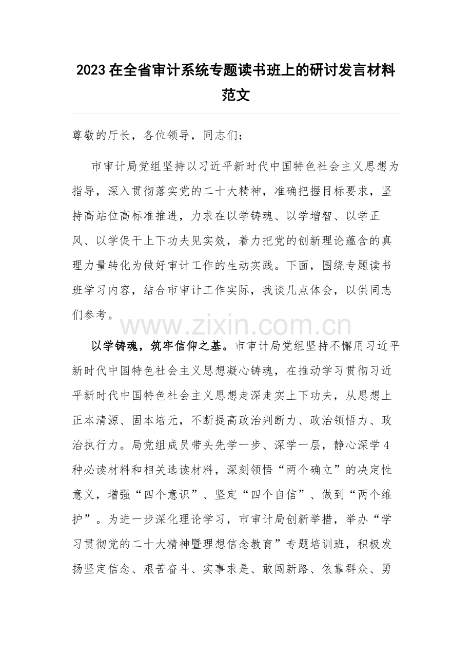 2023在全省审计系统专题读书班上的研讨发言材料范文.docx_第1页