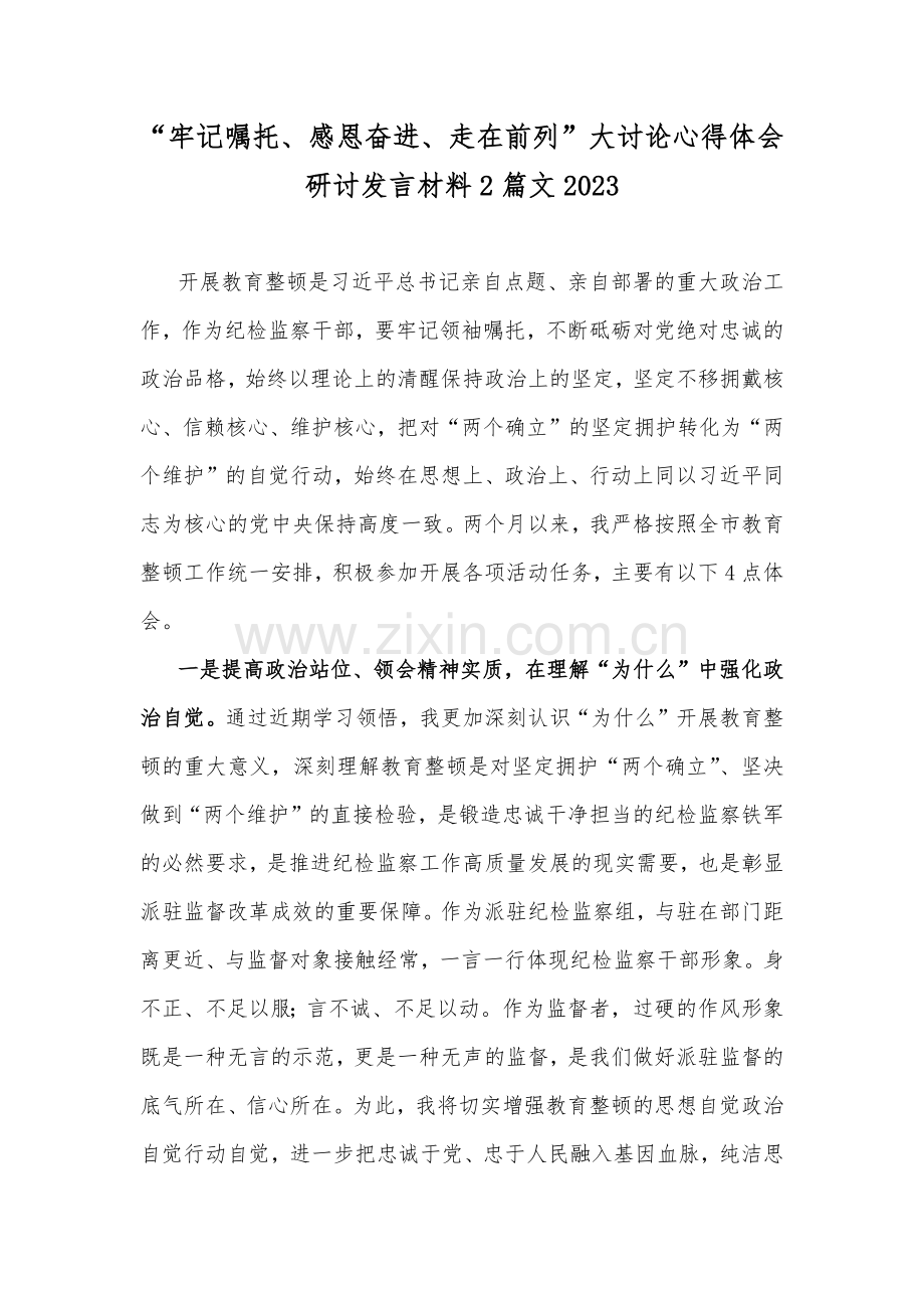 “牢记嘱托、感恩奋进、走在前列”大讨论心得体会研讨发言材料2篇文2023.docx_第1页