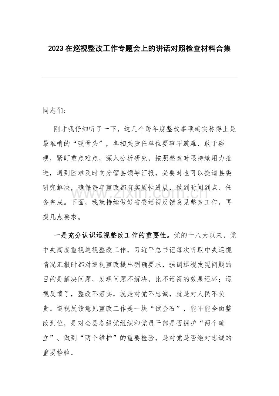 2023在巡视整改工作专题会上的讲话对照检查材料合集.docx_第1页