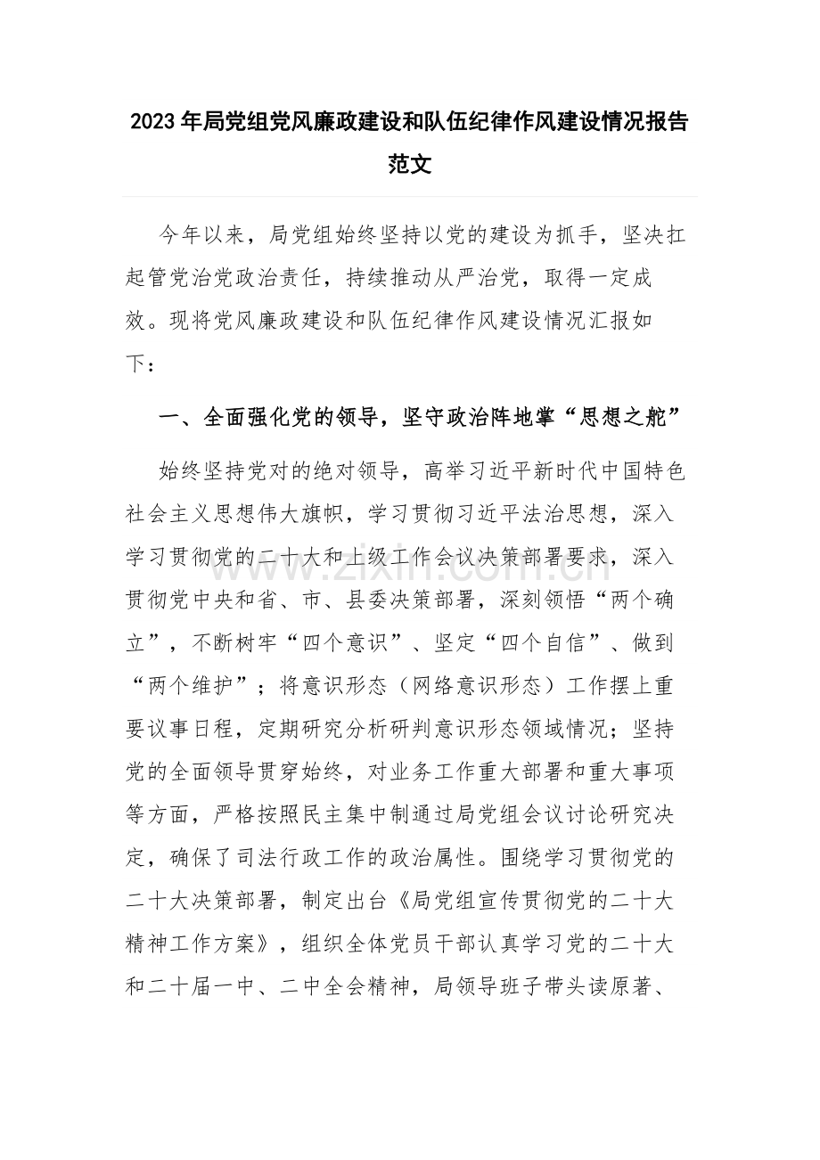 2023年局党组党风廉政建设和队伍纪律作风建设情况报告范文.docx_第1页