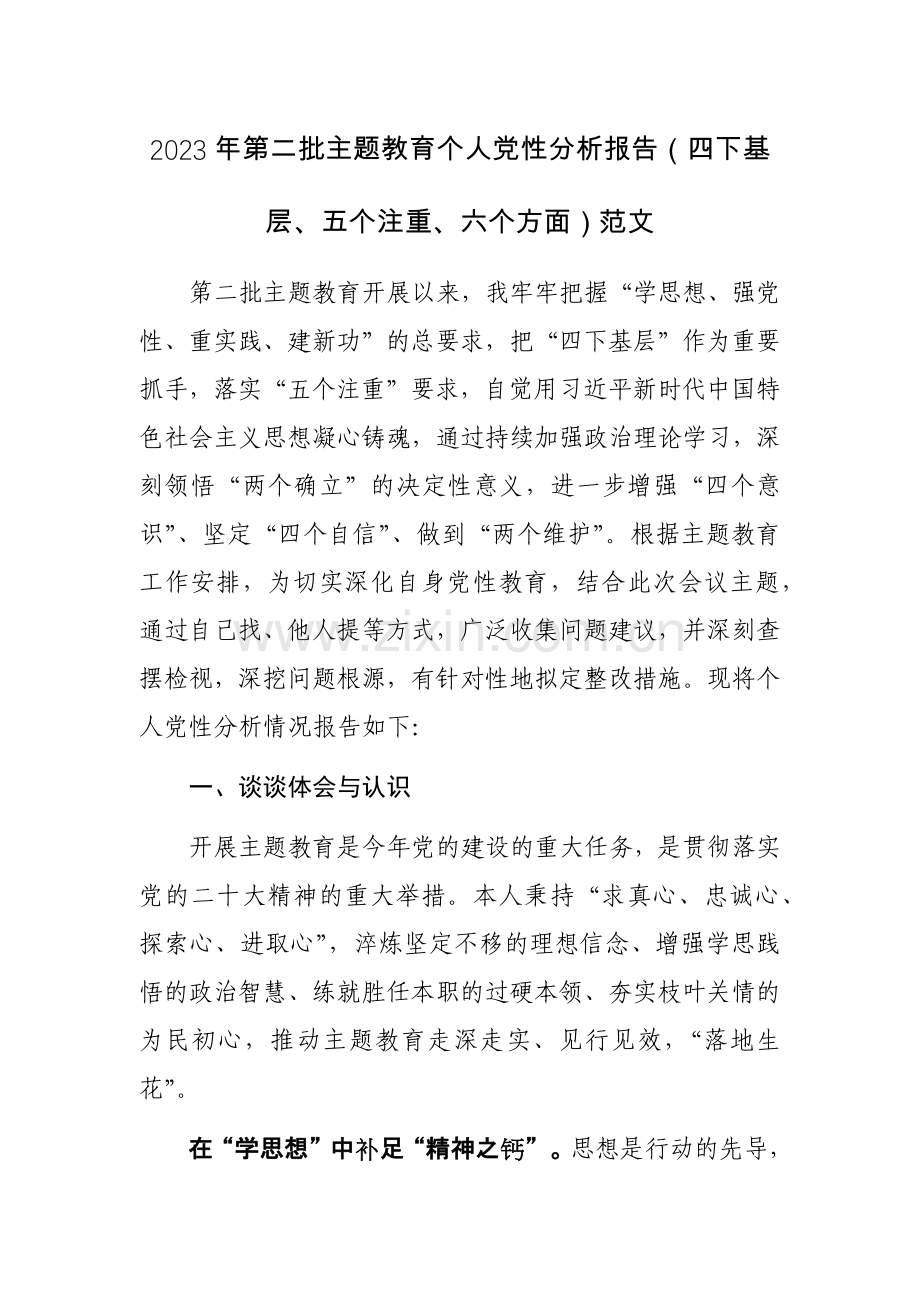 2023年第二批主题教育个人党性分析报告（四下基层、五个注重、六个方面）范文.docx_第1页